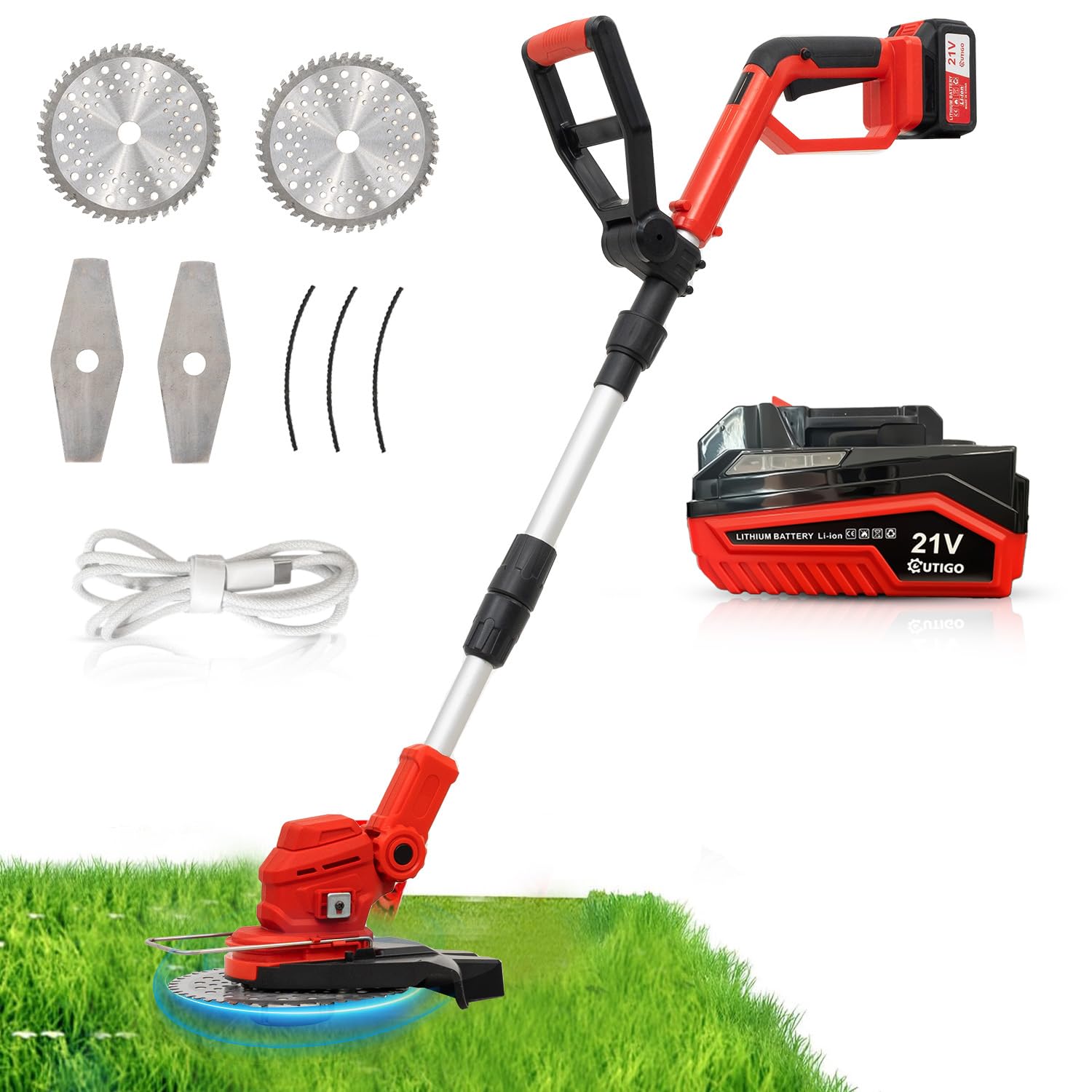 Rasaerba elettrico a batteria, Decespugliatore con 1 batterie da 21 V 4,0 Ah, manico telescopico regolabile, tosaerba a 3 lame, decespugliatore a batteria per giardinaggio