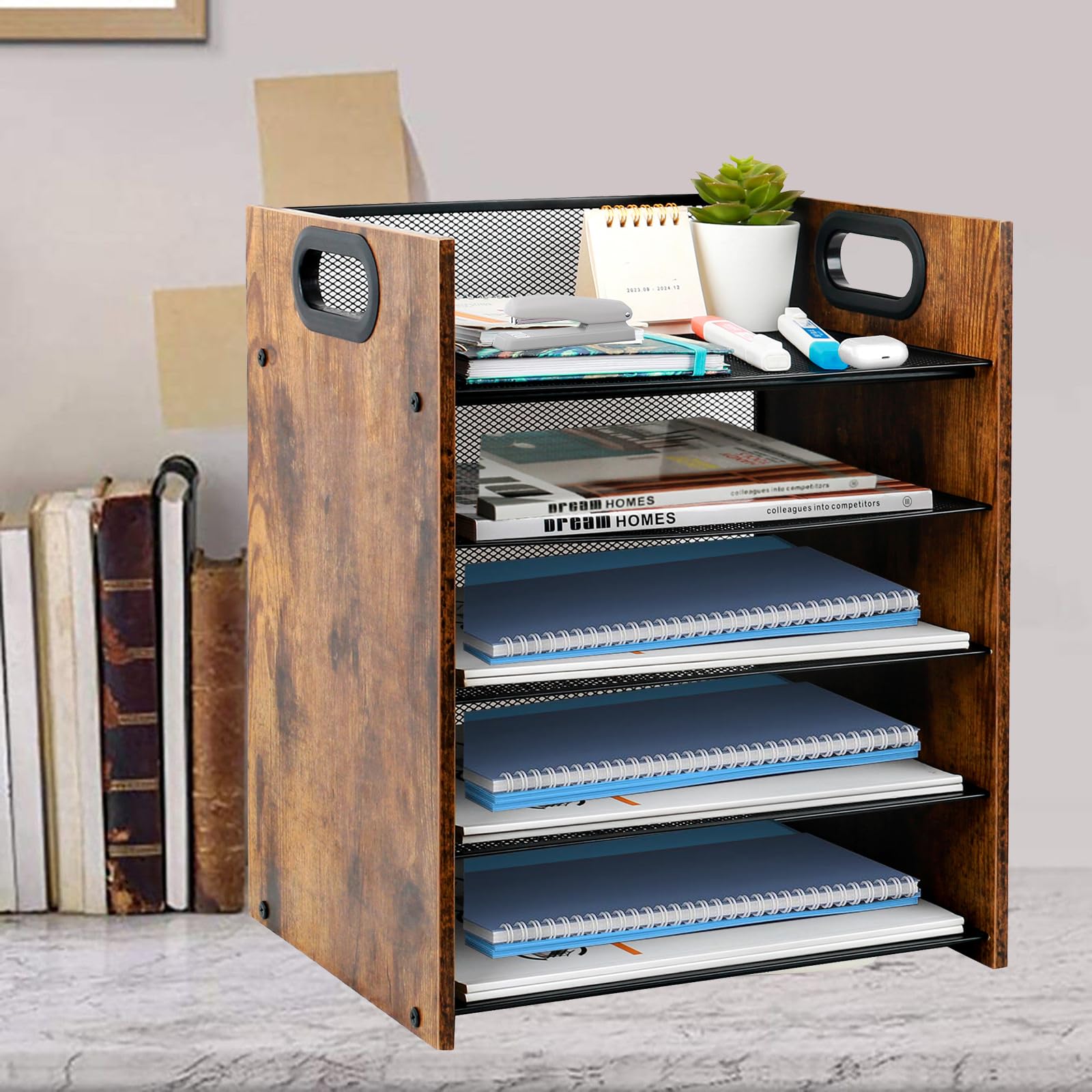 Desk Organization Deals 5 Tier Wooden Desk Organizer - Wood Paper Tray ...