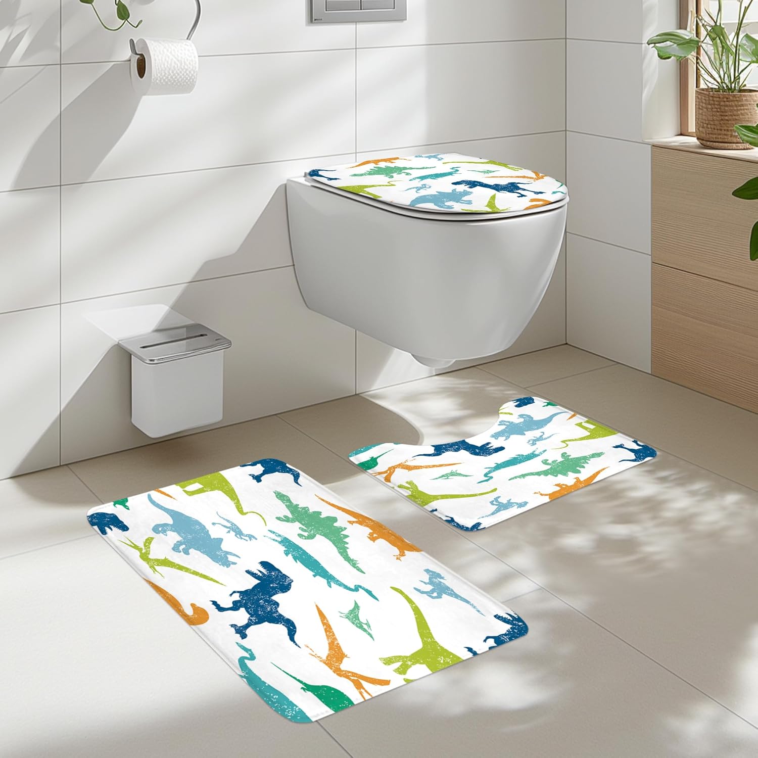 Cinbloo 4Pcs Kids Dinosaur Shower Curtain Set, Cute Cartoon Wildlife Bathroom Curtain with Rug, Toilet Lid Cover, Bath Mat, Safari Dino Foil Print Nursery for Children Shower Curtain with 12 Hooks
