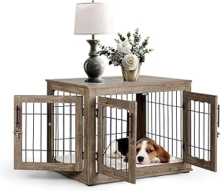Upolana Dog Crate Furniture, 32 inch Medium Dog Crates with Bed Mat, Wooden Dog Kennel Furniture, End Side Table Dog Cage with 3 Doors, Greige