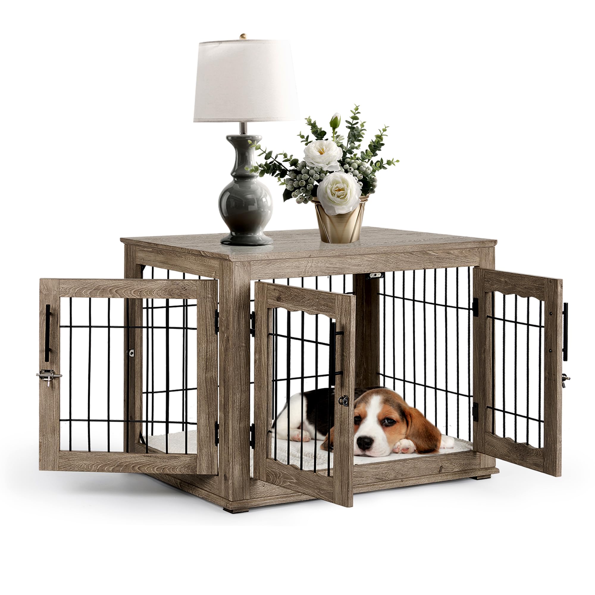 Upolana Dog Crate Furniture, 32 inch Medium Dog Crates with Bed Mat, Wooden Dog Kennel Furniture, End Side Table Dog Cage with 3 Doors, Greige