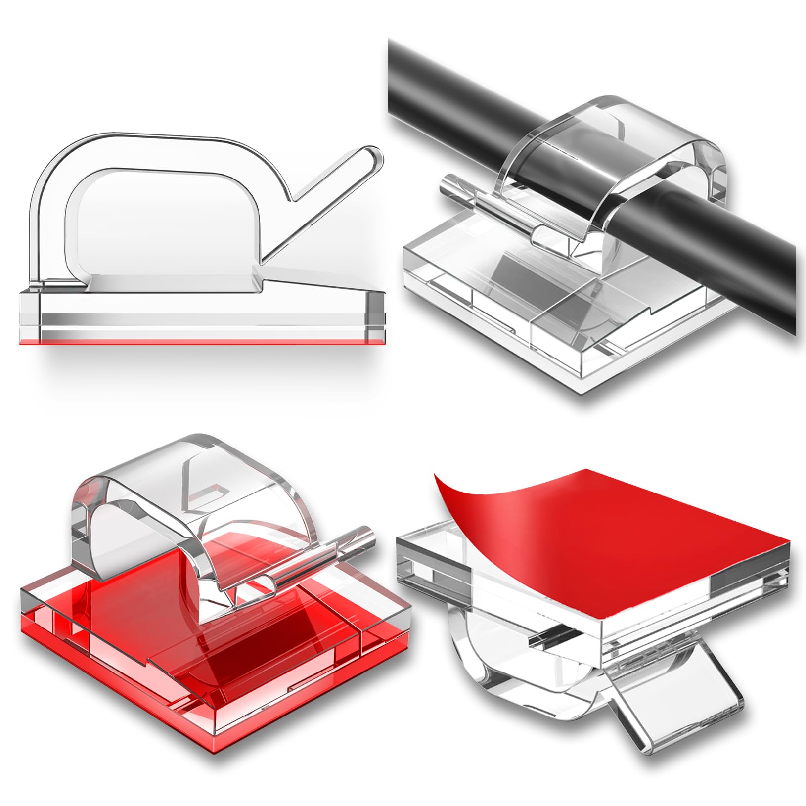 100 Pcs Cable Clips, Adhesive Cable Organizer Cord Holder Wire Clip Wire Management Self Adhesive Hooks Wire Holder for Office, Home(Transparent, 100PCS)