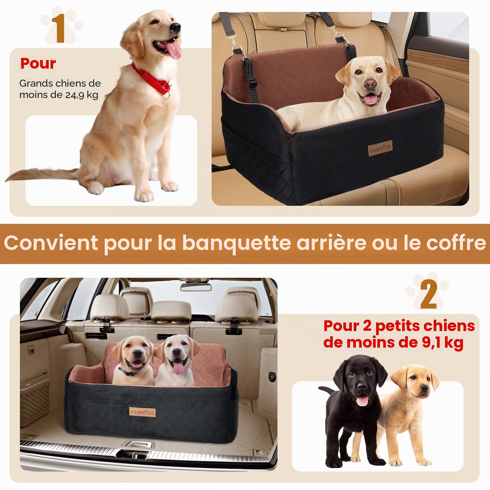 PAWBOSE Siège auto pour chien de taille moyenne/grande de moins de 25 kg ou 2 petits chiens, rembourrage en tissu doux, rembourrage en mousse à mémoire de forme, siège de voiture confortable amovible