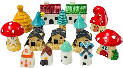 16pcs Resin Huts/Houses Theme Miniature Decor Items X Small for Fairy Gardens, Terrariums, Doll Houses, Craft Work, Cake Decorations
