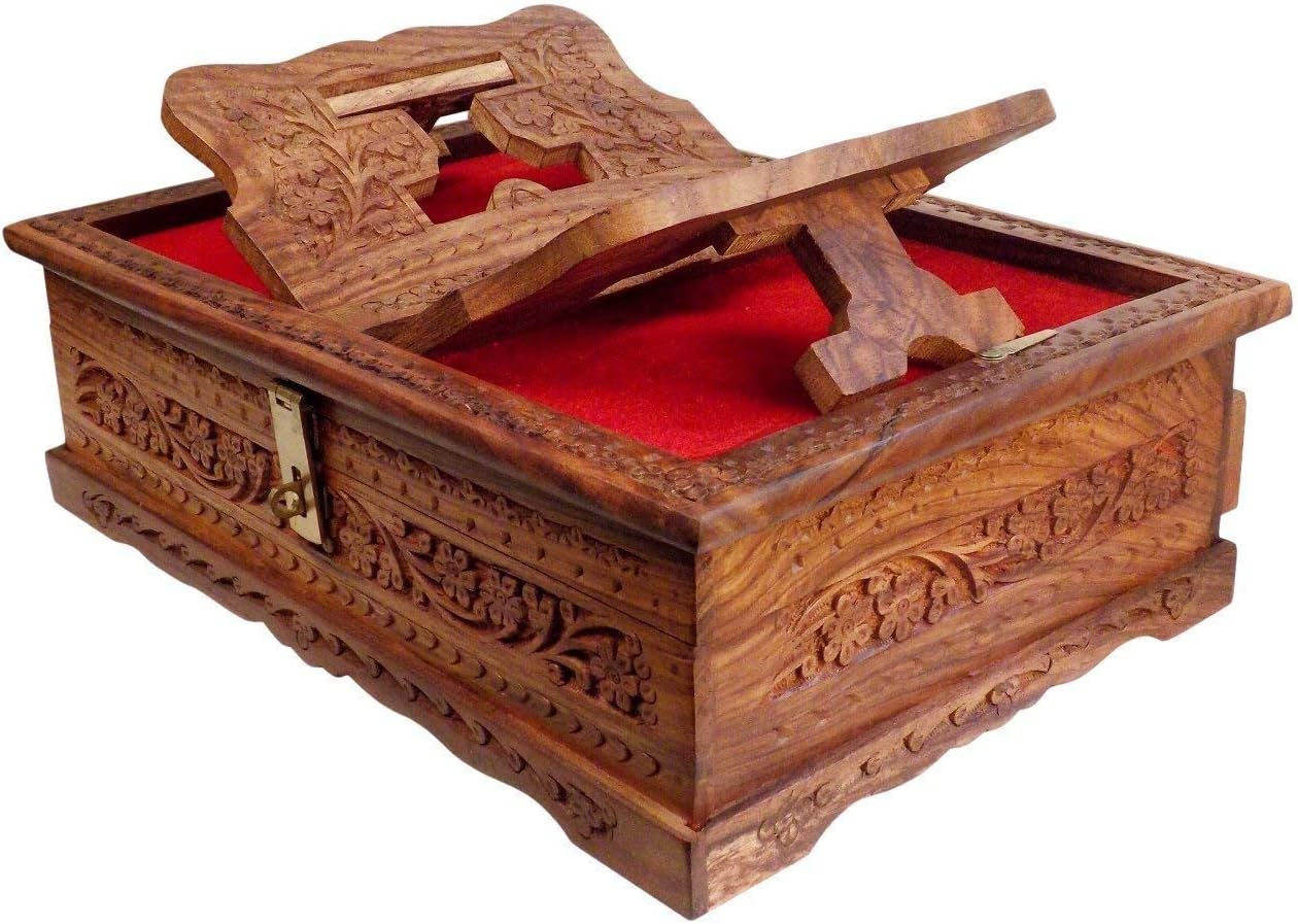 HusNain Handmade Wooden Rehal Full Carving Design Rosewood Rectangular Holy Book Stand Box for Quran Ramayan Bible Gita Ved Guru Granth Sahib (Brown, Carving Design)