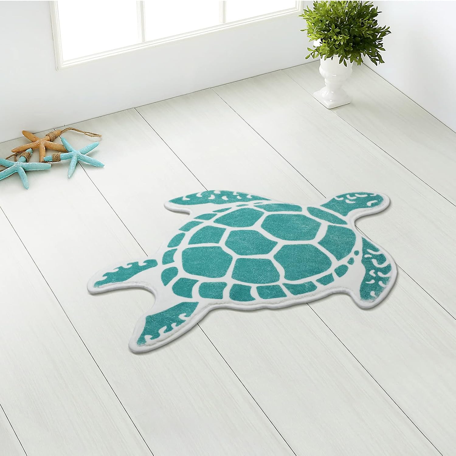 Haull Sea Turtle Bathroom Rug Beach Mats Rugs No Silp Turquoise Turtle Washable Cover Floor Rug Tropics Summer Ocean Theme Bathroom Mat for Door Living Room Bedroom Shower, 30.7 x 25 Inch(Teal)