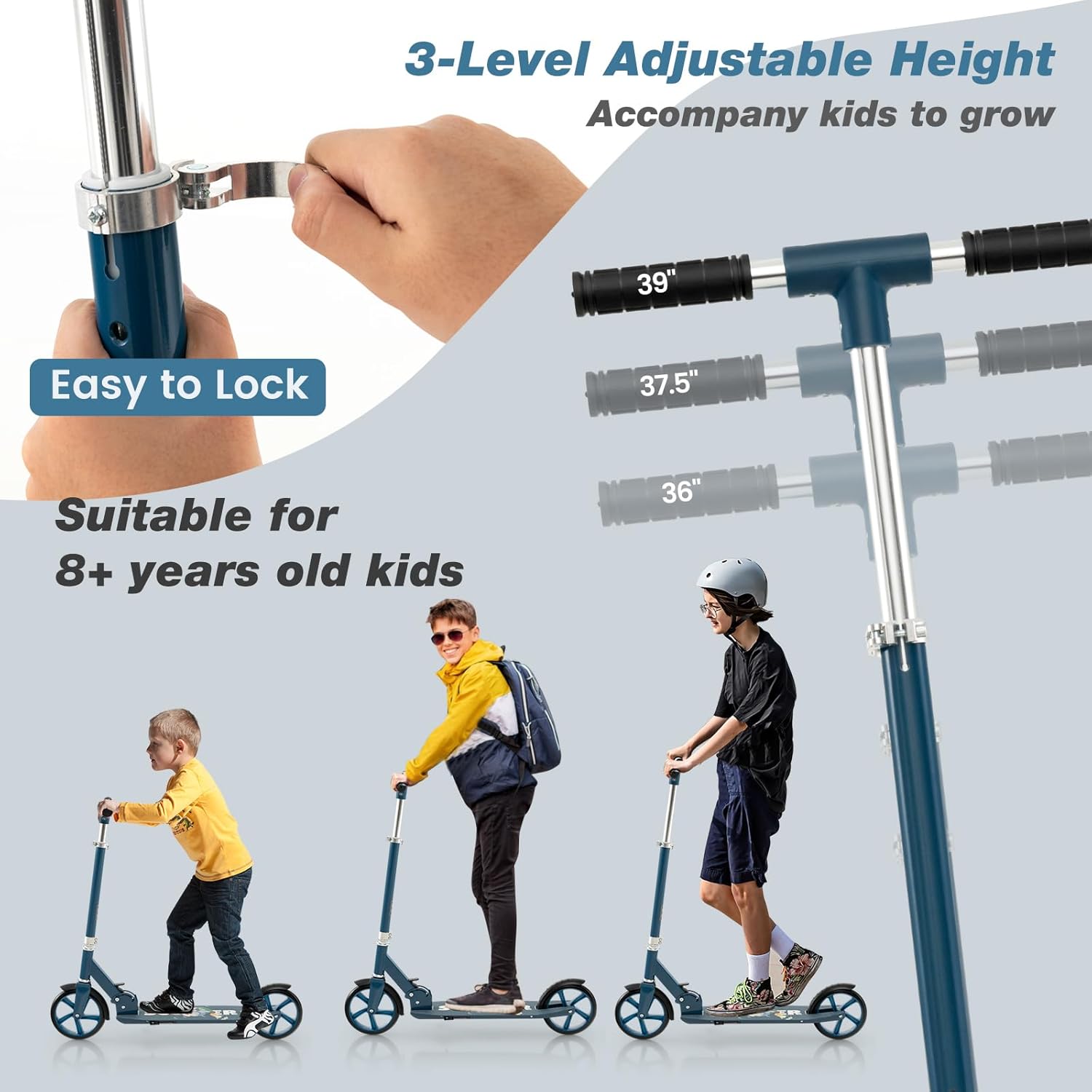 Costzon Kick Scooter for Kids Ages 8+, Foldable Kids & Adults Scooter with 8-inch Big Wheels, 3 Adjustable Heights, Max Load 220 LBS, Portable Scooters for Teens Boys Girls Gifts Presents (Blue)