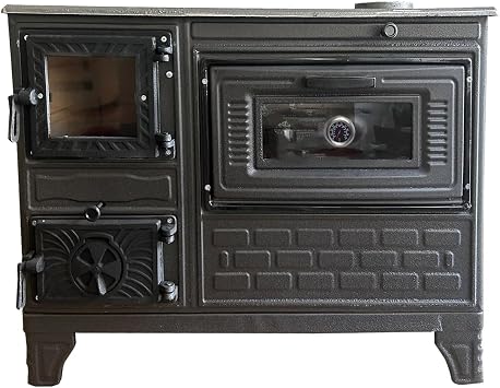 Cast Iron Stove with Oven, Durable Cast Baking Oven, Cooker Oven by Burning Wood, Warming Heater Stove, Oven Section with Thermometer, Brick Lined Fireplace Made in Turkiye Black-with-Window