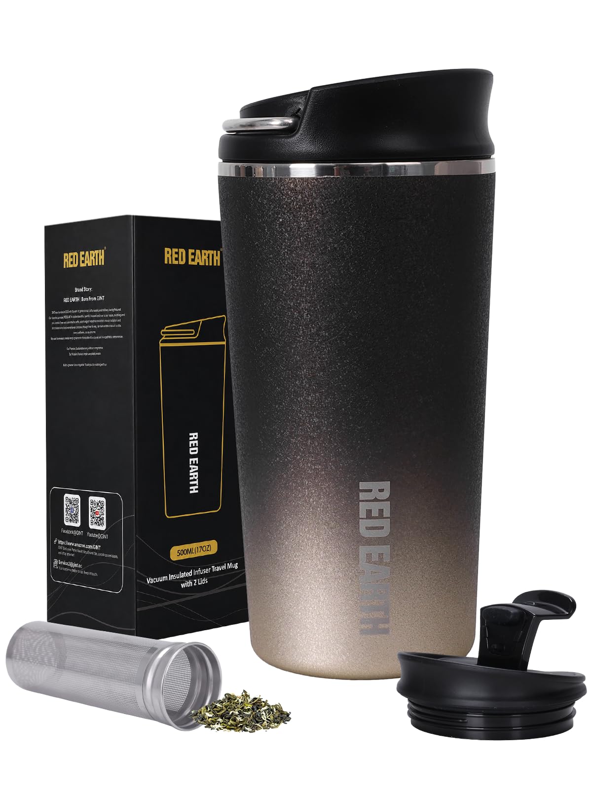 GiNT Taza de té de viaje de 17 onzas con infusor y dos tapas, color negro y dorado