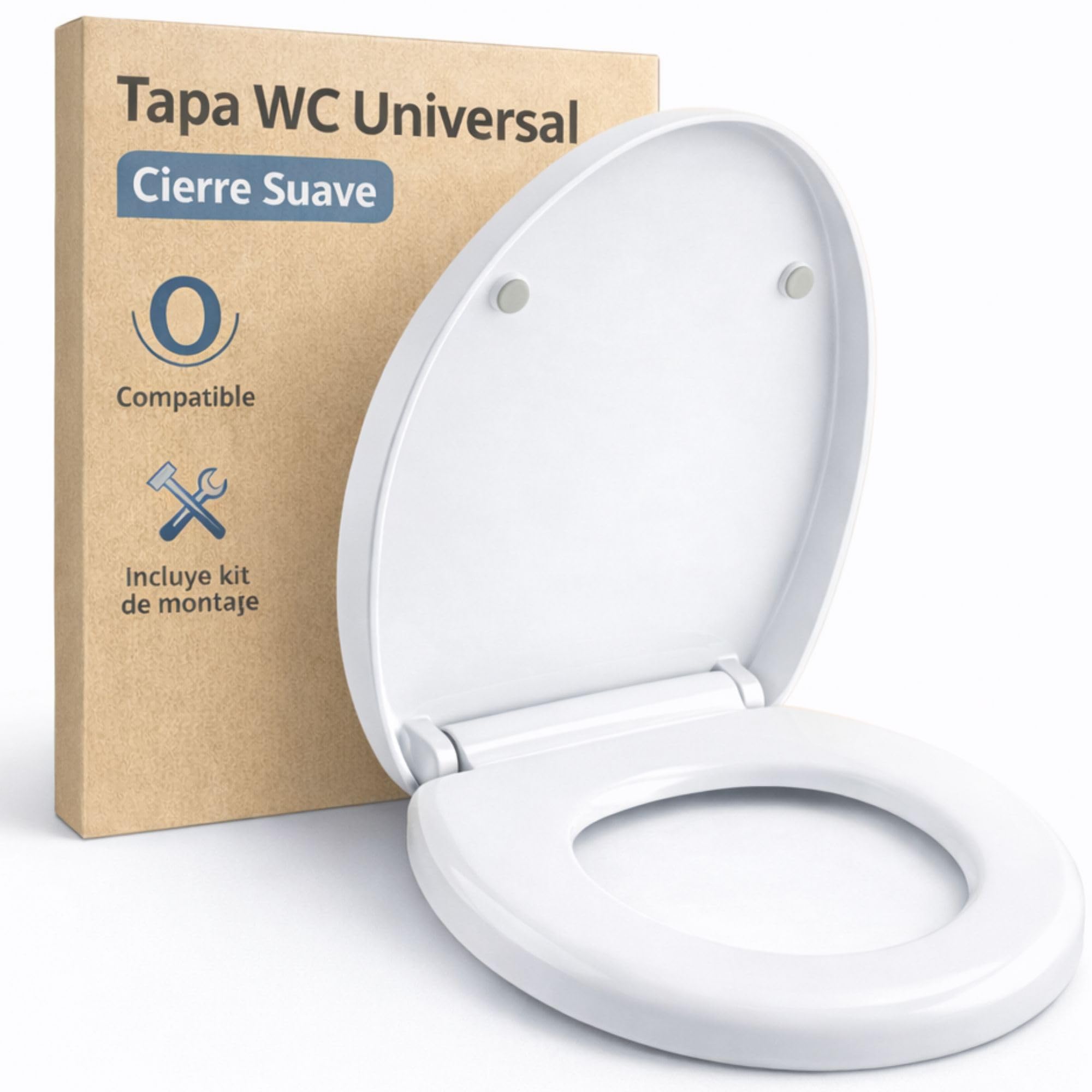 Tapa WC Universal Cierre Suave – Tapadera Blanca Compatible con Inodoros Forma O – Fácil Instalación y Limpieza – Tapa de Inodoro Silenciosa y Segura
