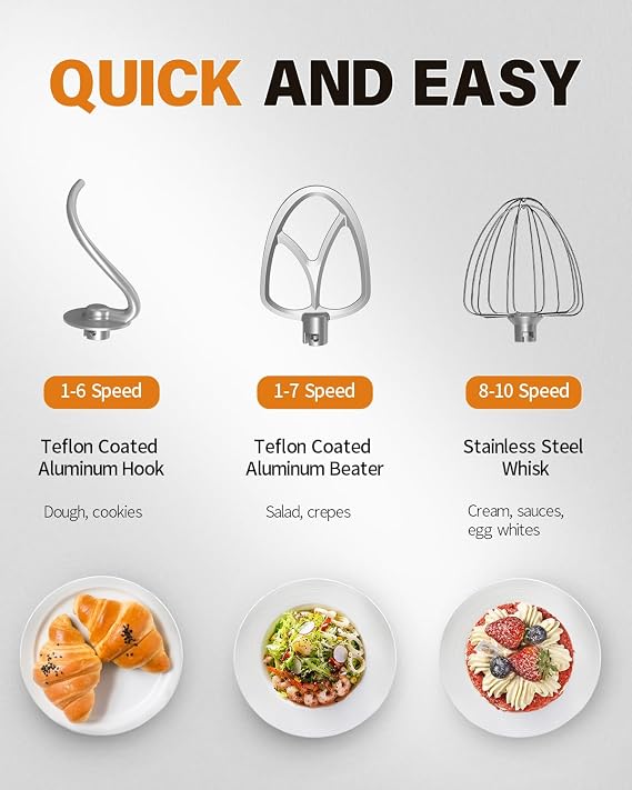 Facelle Food Processor Mixers & Mixer 6.5 L Stainless Steel Mixing Shot Kneading Machine 10 Speed Levels + Pulse Function Dough Kneading Machine Including 3-Piece Patisserie Set [Energy Class A+++]
