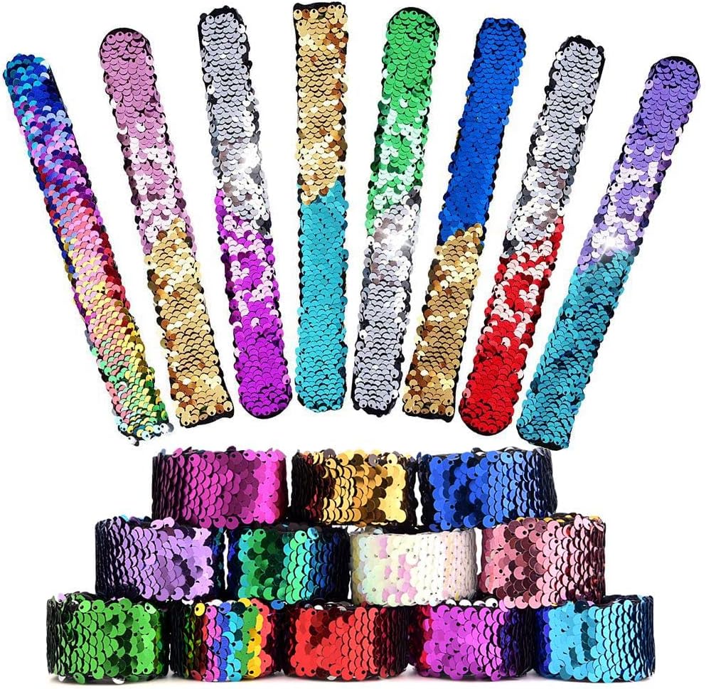 KUUQA 22 Pcs Magic Sequin Mermaid Bracelets 2-Color Reversible Sequins Glitter Slap Bracelets Wristbands for Kids Little Mermaid Birthday Party Favors Bags Supplies (Random Colors)