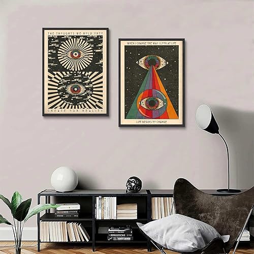 Miniatura 3 de 2 piezas de arte de pared retro hippie de los años 70, carteles de arte de ojos psicodélicos de los años 70, pintura en lienzo con cita inspiradora,
