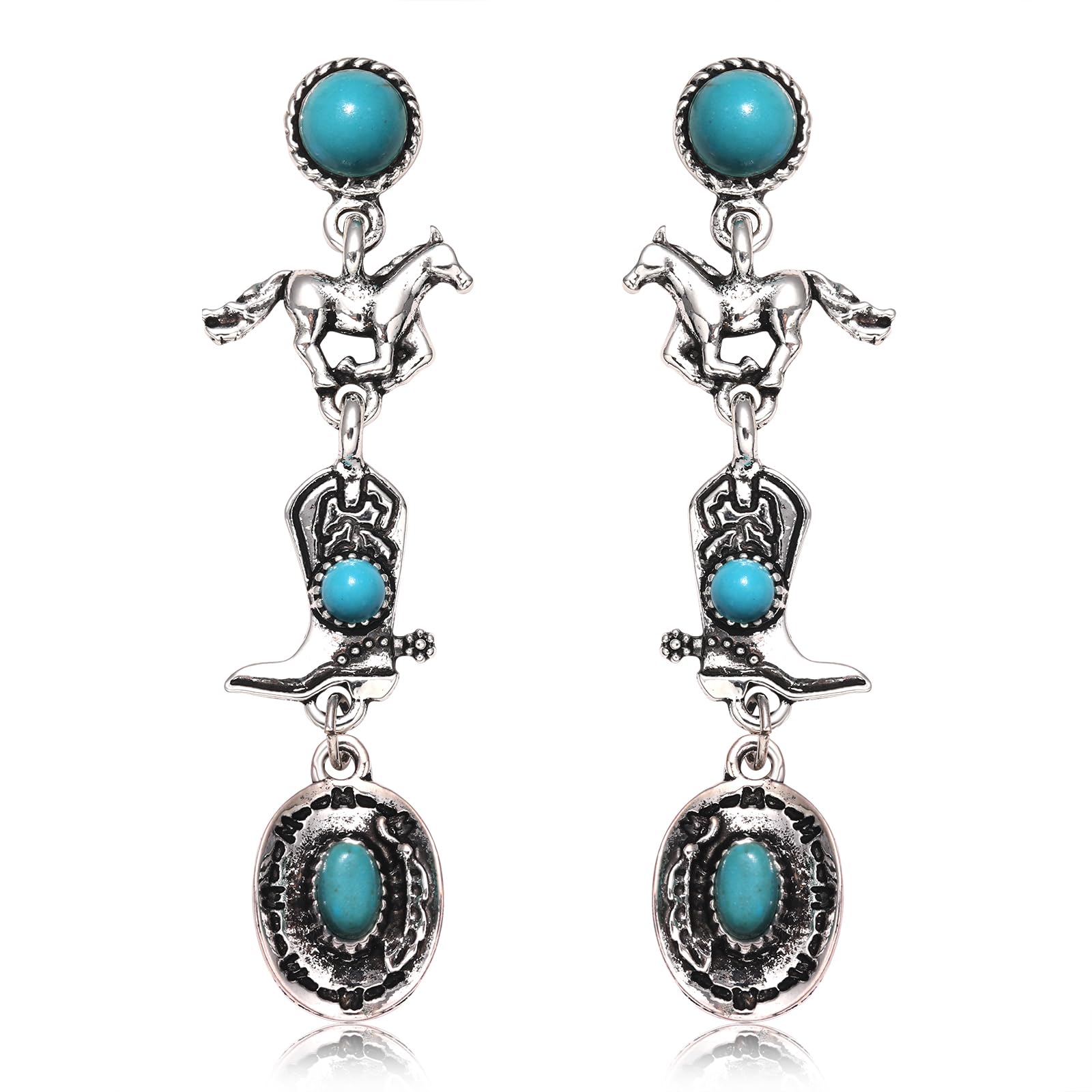 Western Earrings for Women Retro Sliver Cowboy Boot Horse Hat Turquoise Drop Dangle Earrings Nashville Rodeo Accessories West Country Party Jewelry