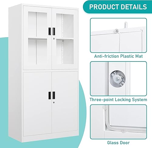 Miniatura 5 de MIIIKO Armario de almacenamiento de metal negro con puertas de cristal, armario de exhibición negro con estantes ajustables y puertas de bloqueo,