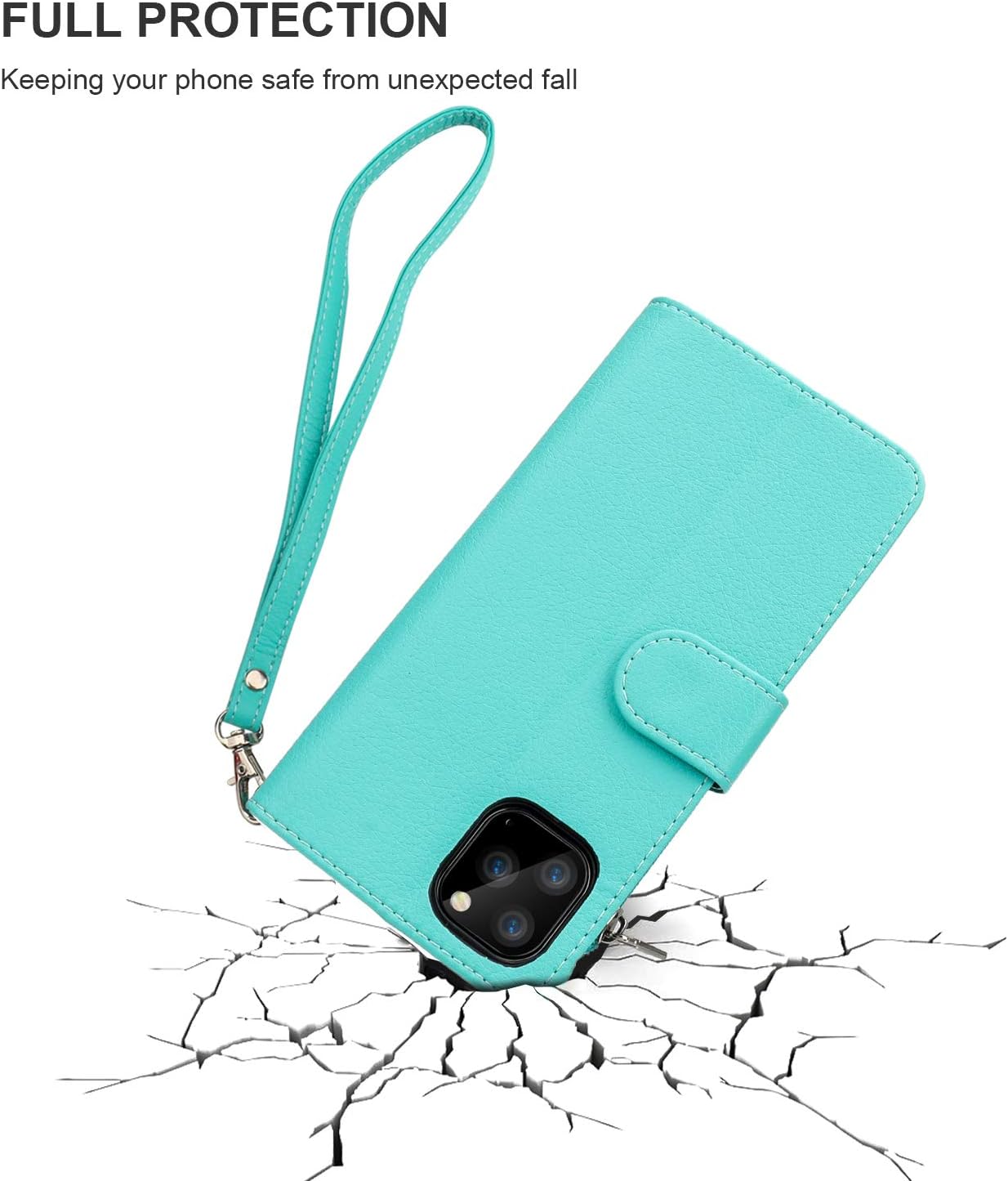 KIHUWEY for iPhone 11 Pro Wallet Case Premium Leather Zipper Money Pocket with Credit Card Holder and Wrist Strap,Kickstand and Protective Lanyard Purse Cover for iPhone 11 Pro 5.8 Inch Mint Green