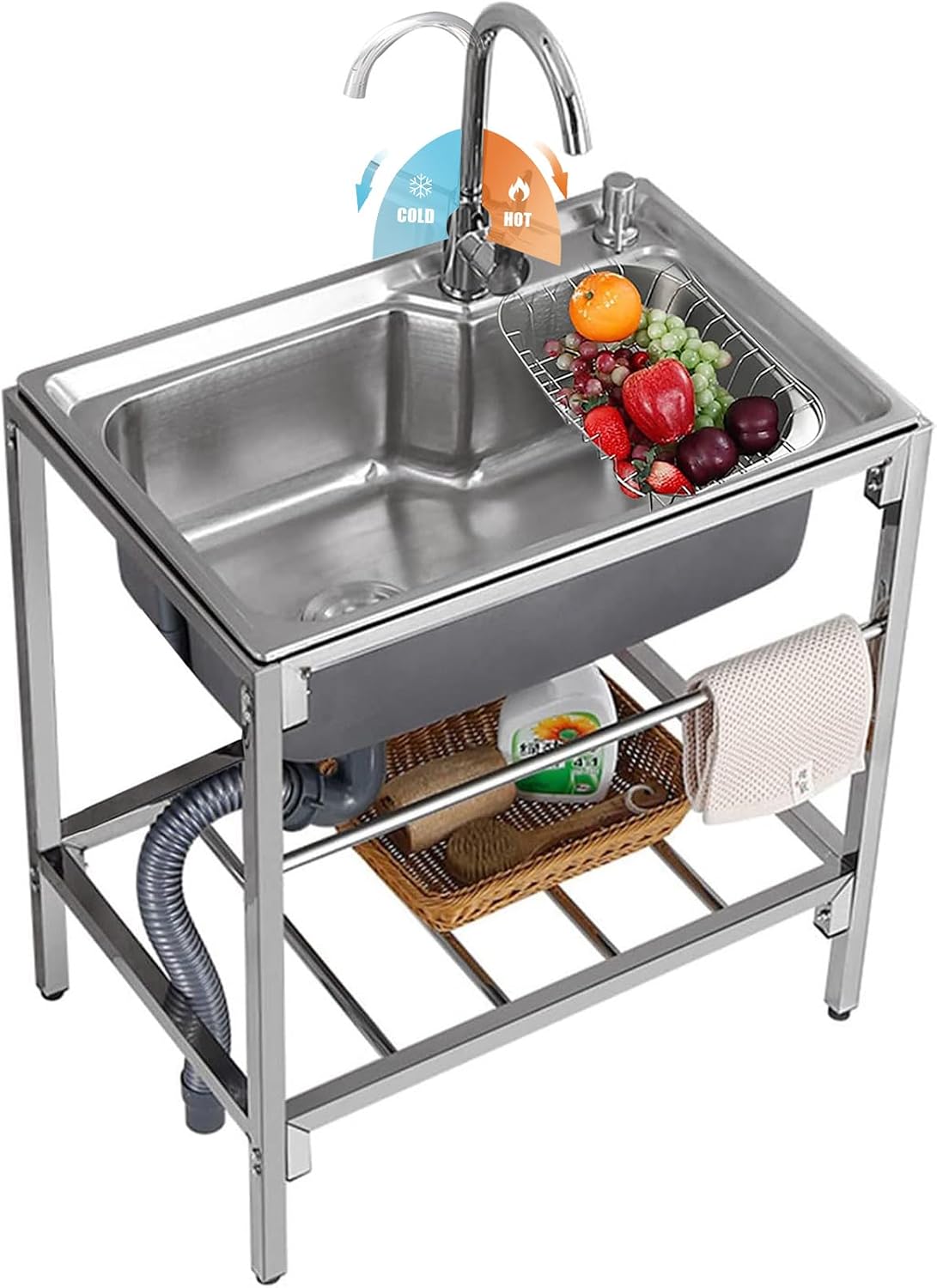 Stainless Steel Utility Sink Kitchen Sink Free Standing Commercial, Single Bowl Compartment Workbench Commercial with Faucet, for Outdoor Indoor, Garage, Laundry/Utility Room