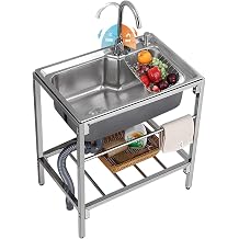 Stainless Steel Utility Kitchen Free Standing Sink, Single Bowl Compartment Workbench Commercial Sink with Faucet, for Outdoor Indoor, Garage, Laundry 26.8x17.3x29.5inch
