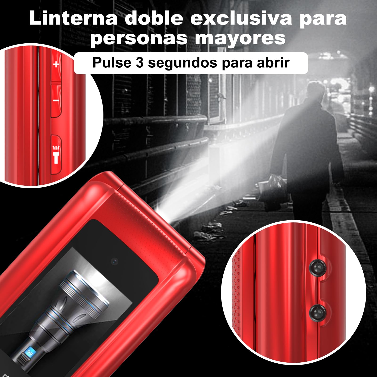 CHAKEYAKE 4G Telefono Movil para Mayores Libre con Teclas Grandes, Doble SIM Doble Pantalla LCD, Teléfono Móvil Personas Mayores con Botón SOS, Cable USB C | Batería 1000mah | Base Cargadora | Rojo