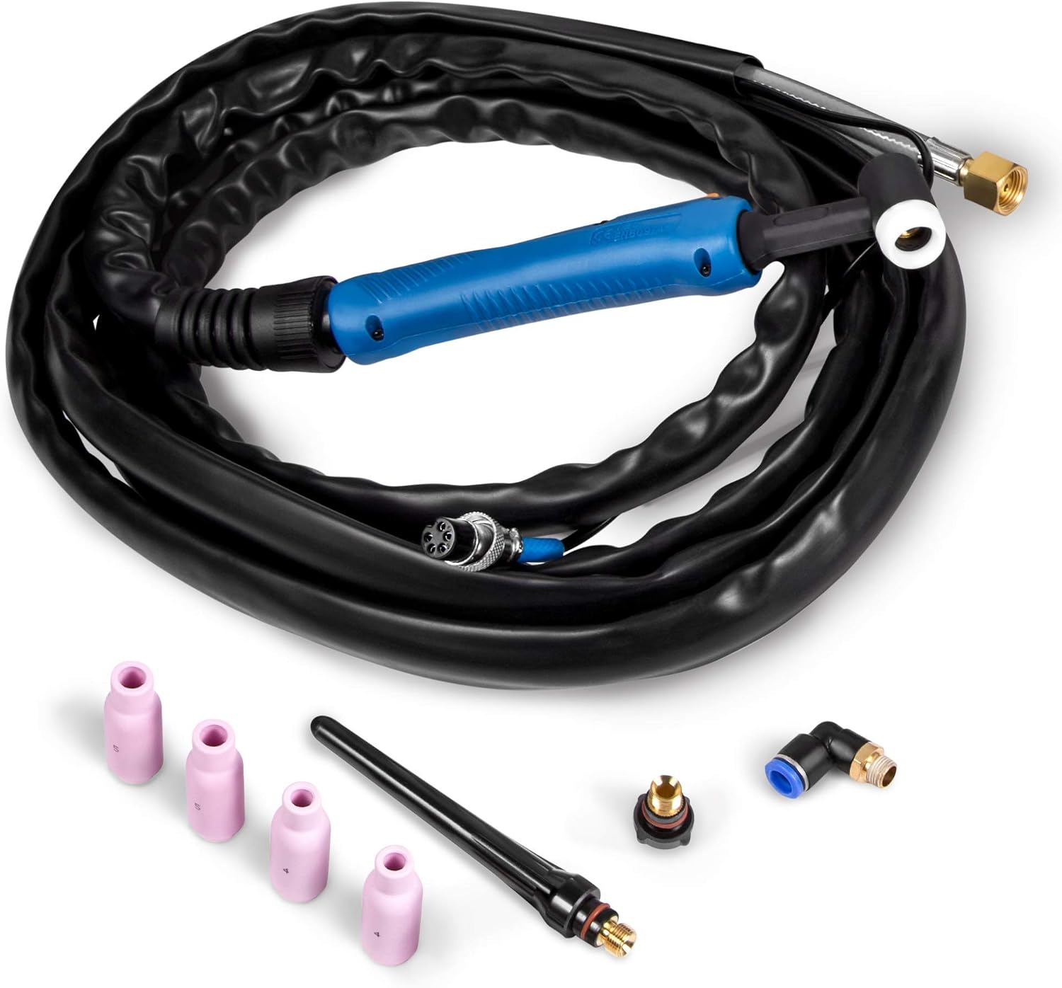 TIG-17 Welding Torch with ceramic nozzles and a long back cap.