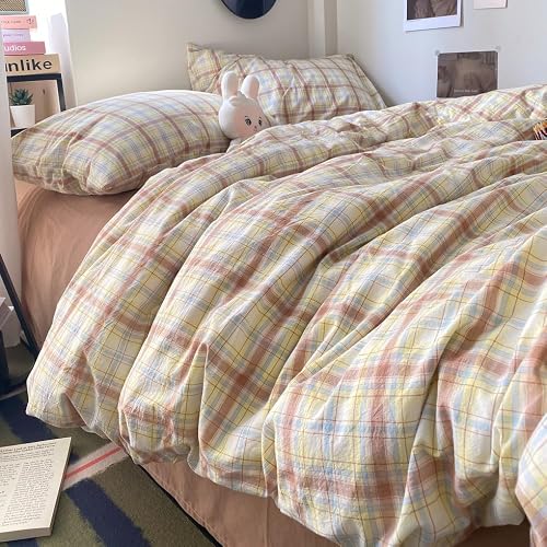 EAVD Vintage Buffalo Plaid Duvet Cover Set Twin 3-Piece Blue&Yellow&Brown
