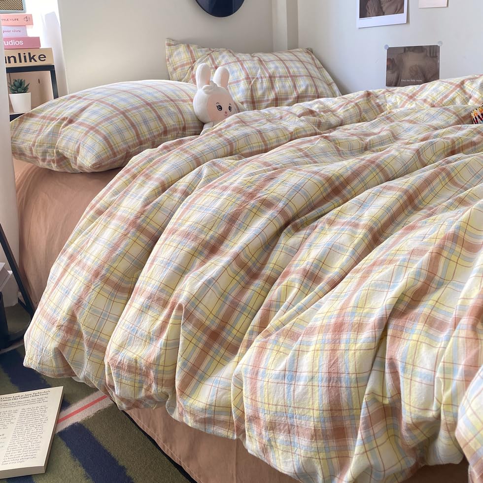 Image of EAVD Vintage Style Buffalo Plaid Duvet Cover King Soft 100% Washed Cotton Chic Blue&Yellow&Brown Grid Checked Plaid Bedding Set with 2 Pillowcases Reversible Gingham Duvet Cover with Zipper