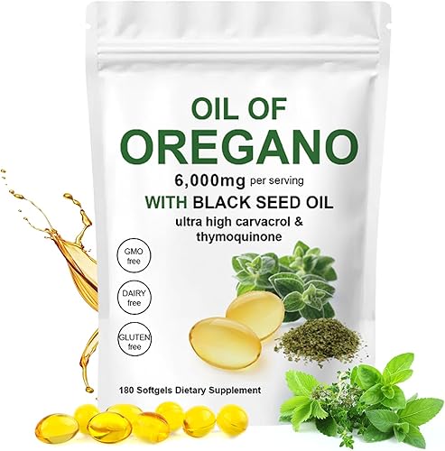 Aceite de orégano con aceite de semilla negra, cápsulas de aceite de orégano orgánico de 6000 mg 2 en 1, sin OMG, sin gluten (180 unidades)