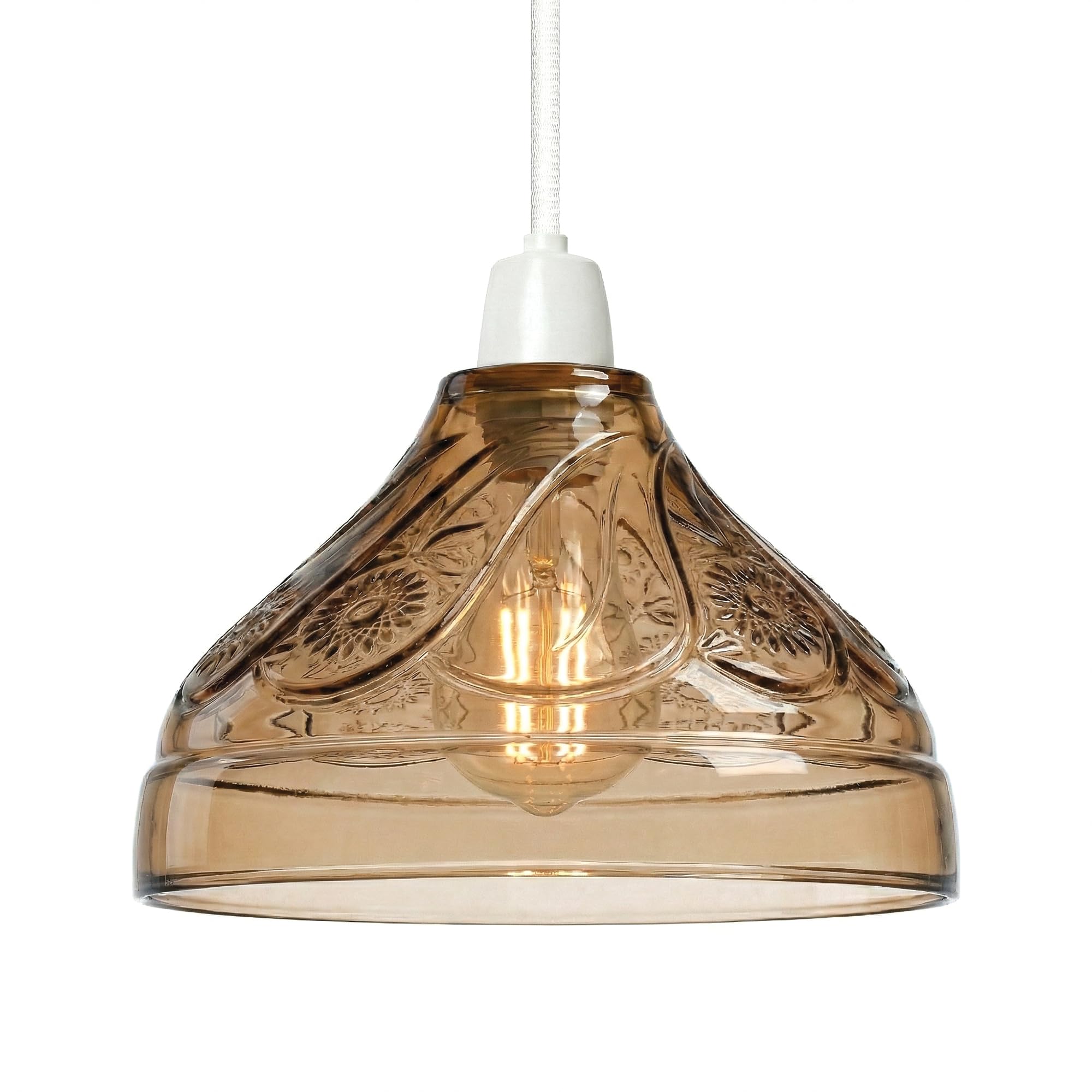 Modern Heavy Glass Lamp Shade 24.5cm Wide, Brown Easy Fit Replacement Ceiling Pendant Light Shade, Floral Pattern Design, Vintage Style Glass Hanging Lamps