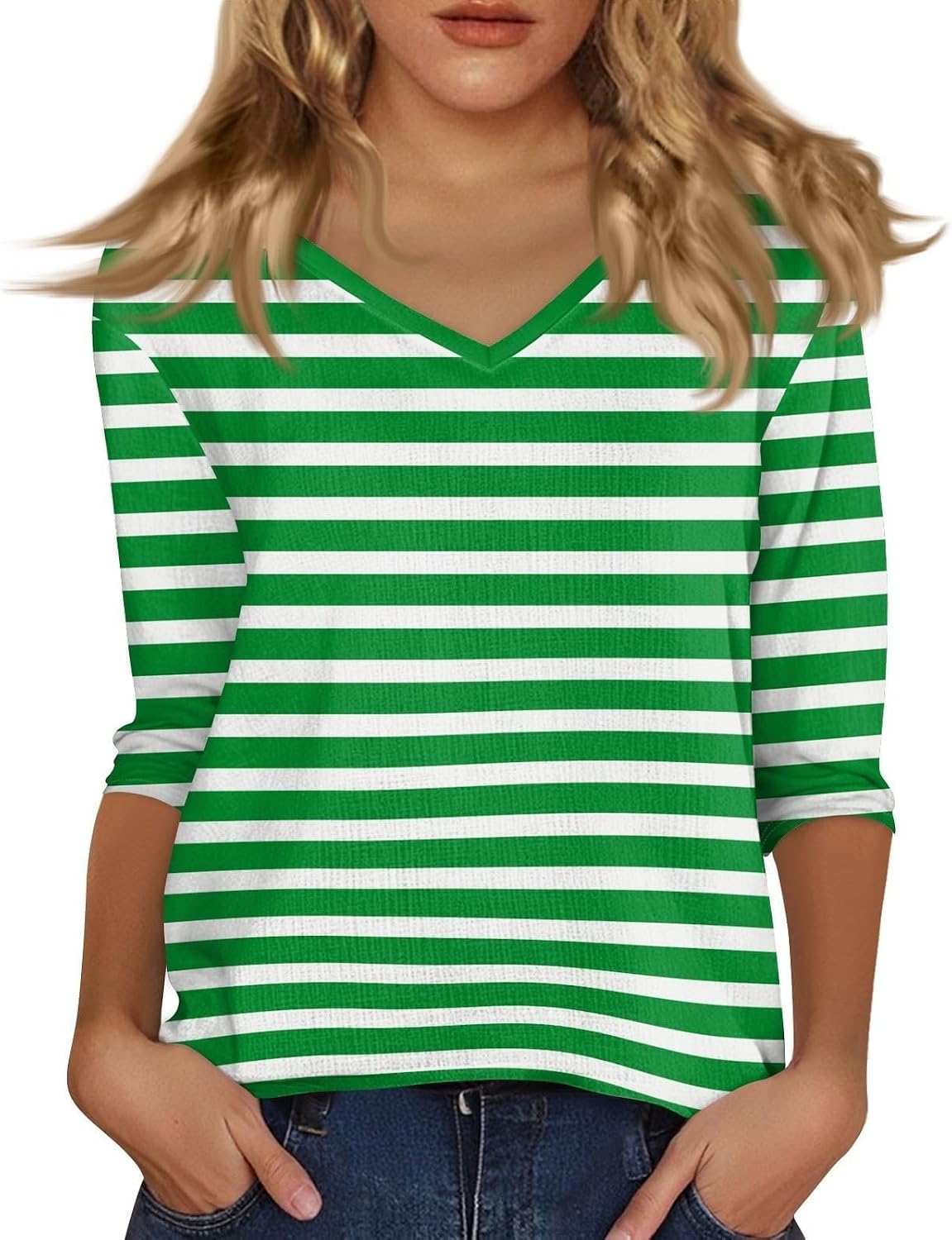 3/4 Length Sleeve Womens Tops Summer Three Quarter Striped Shirts Plus Size Trendy Casual Loose Fit Soft Blouse Tees