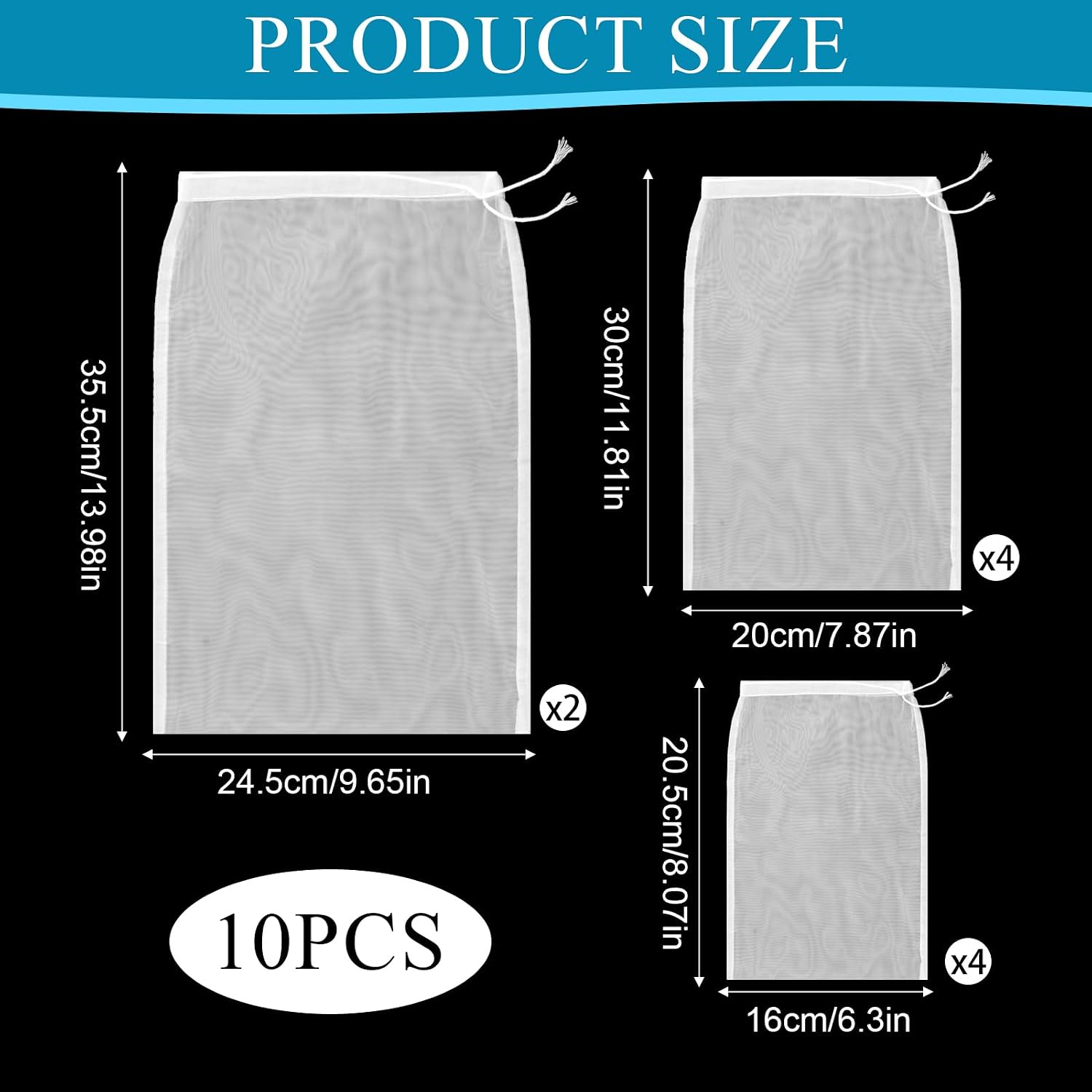 10Pcs Cheese Cloth Bag For Straining Reusable Nut Milk Bags Nylon Washable Fine Mesh Strainer Bags for for Almond Yogurt Juice Cheese Making Cold Brew Coffee Beer Tea (10Pcs 3 Size)