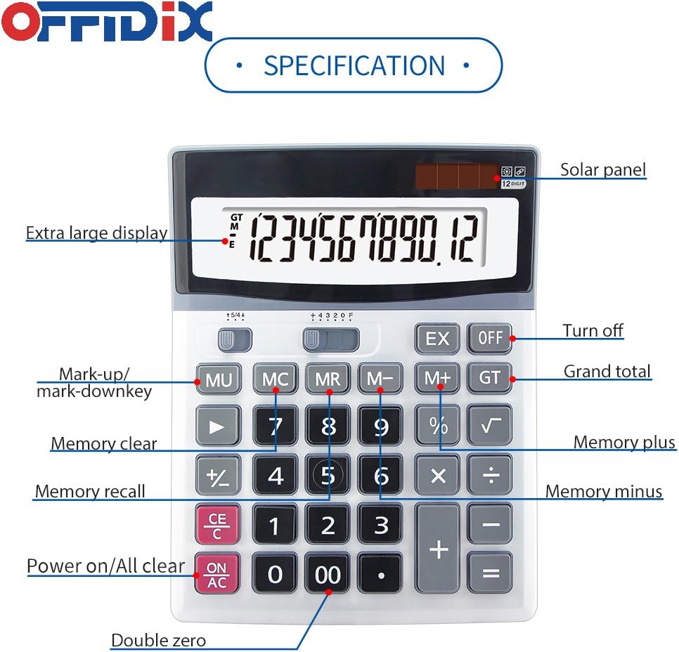 OFFIDIX 12 Digit Large Key Dual Power Electronic LCD Display Calculator image 3