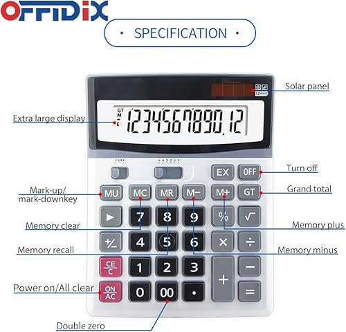 Miniatura 3 de OFFIDIX Calculadora electrónica de llave de computadora de oficina, calculadoras financieras para cosas bancarias y contabilidad, pantalla de 12