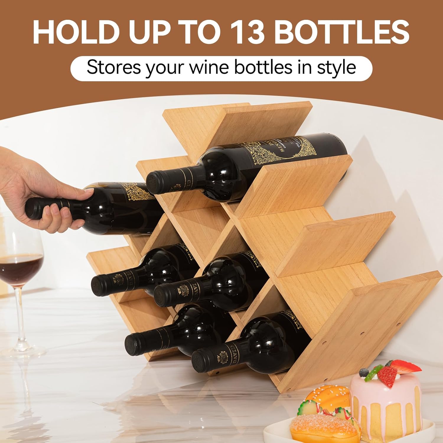 KIRIGEN Wooden 13-Bottle Wine Rack - Nature Wood 4-Tier Wine Display Rack/Free Standing and Countertop Storage Shelf - Bottle Holder/Cabinet Glass XHJJ4-NA