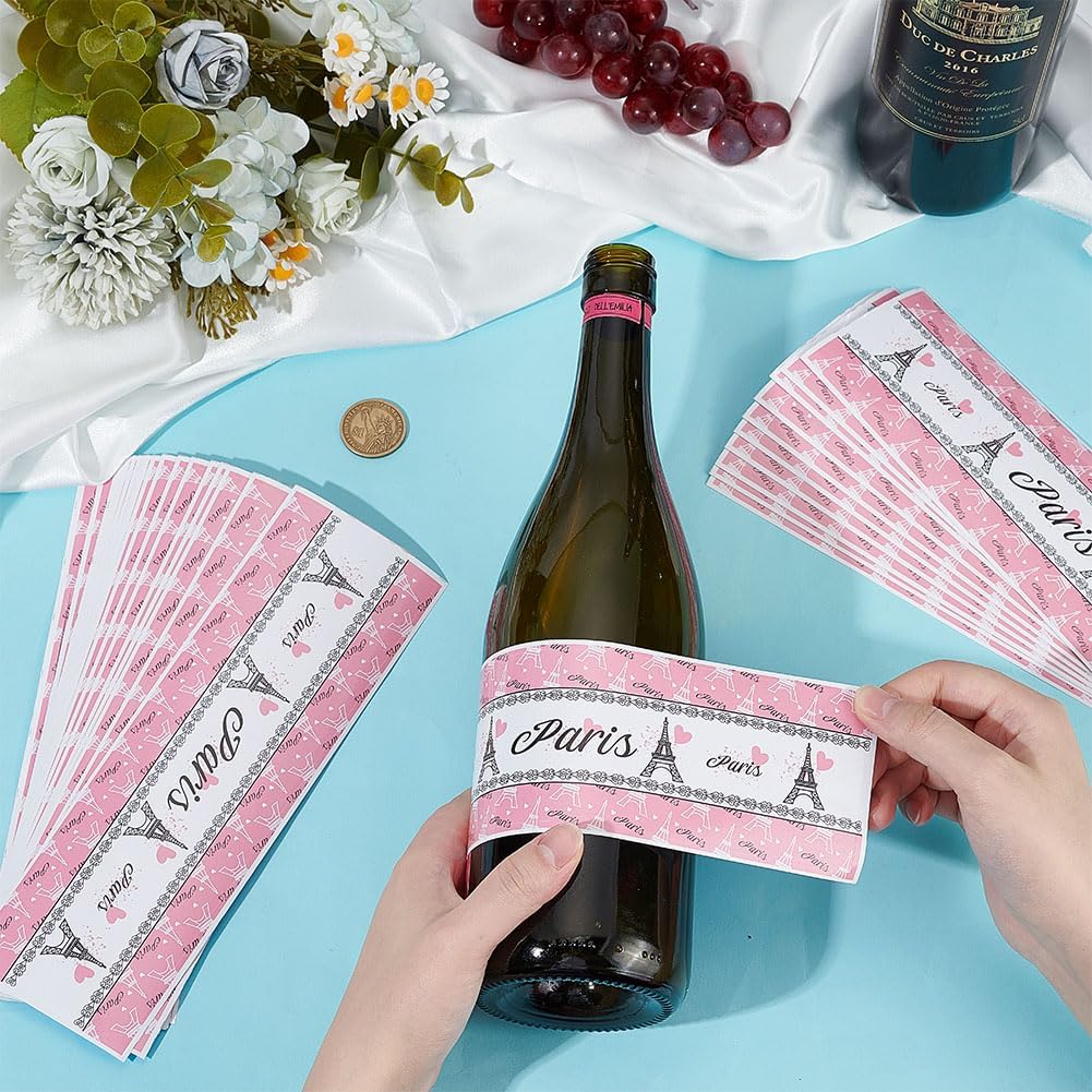 PH PandaHall 30pcs Water Bottle Labels, Paris Tower Bottles Stickers Decorative Pink Bottles Wrappers Waterproof Bottle Wraps for Birthday Party Favors Themed Event Water Labels Supplies