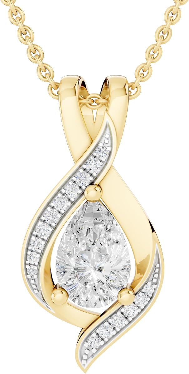 Dazzlingrock Pear Lab Created Gemstone Swirl Teardrop Pendant | Round White Natural Diamond | 9x6mm 18 inch Chain | Women