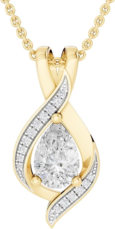Dazzlingrock Pear Lab Created Gemstone Swirl Teardrop Pendant | Round White Natural Diamond | 9x6mm 18 inch Chain | Women