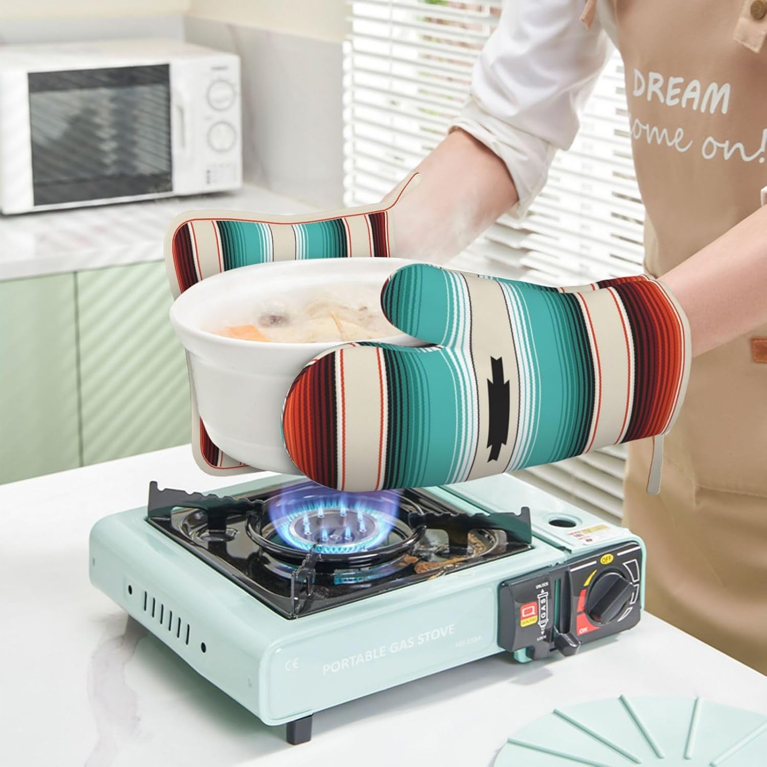 Mexican Serape Turquoise Oven Mitts Pot Holders Set Silicone Boho Ethnic Striped Kitchen Oven Mitts Heat Resistant Potholders Non-Slip 4pcs Hot Pads and Oven Gloves Sets for Cooking,Grilling