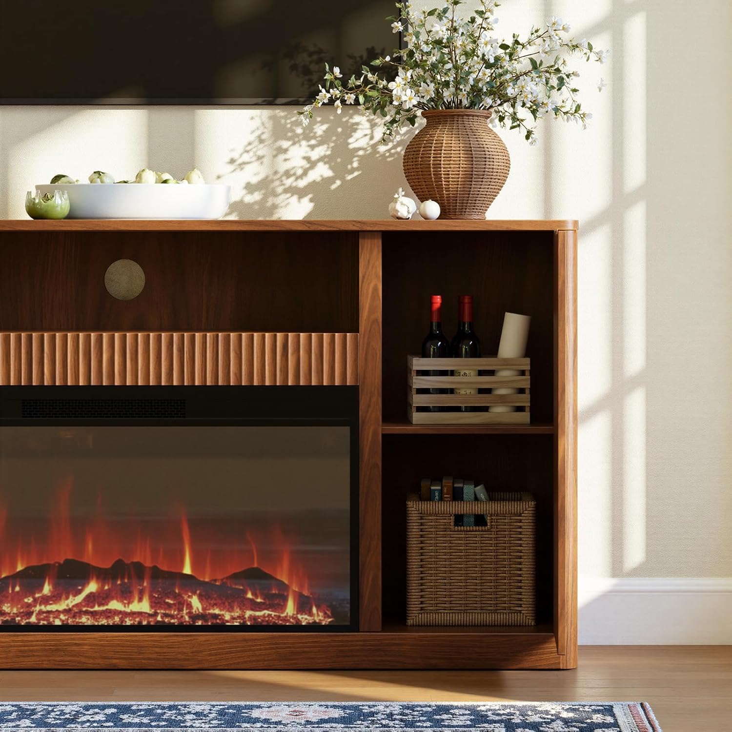 Evermagin 67" Walnut Fluted Fireplace TV Stand for TVs up tp 75", Mid-Century Modern Entertainment Center with Storage Cabinets and Doors, Wood Media TV Consoles for Living Room and Bedroom Furniture Walnut 67" TV Stand with Electric Fireplace