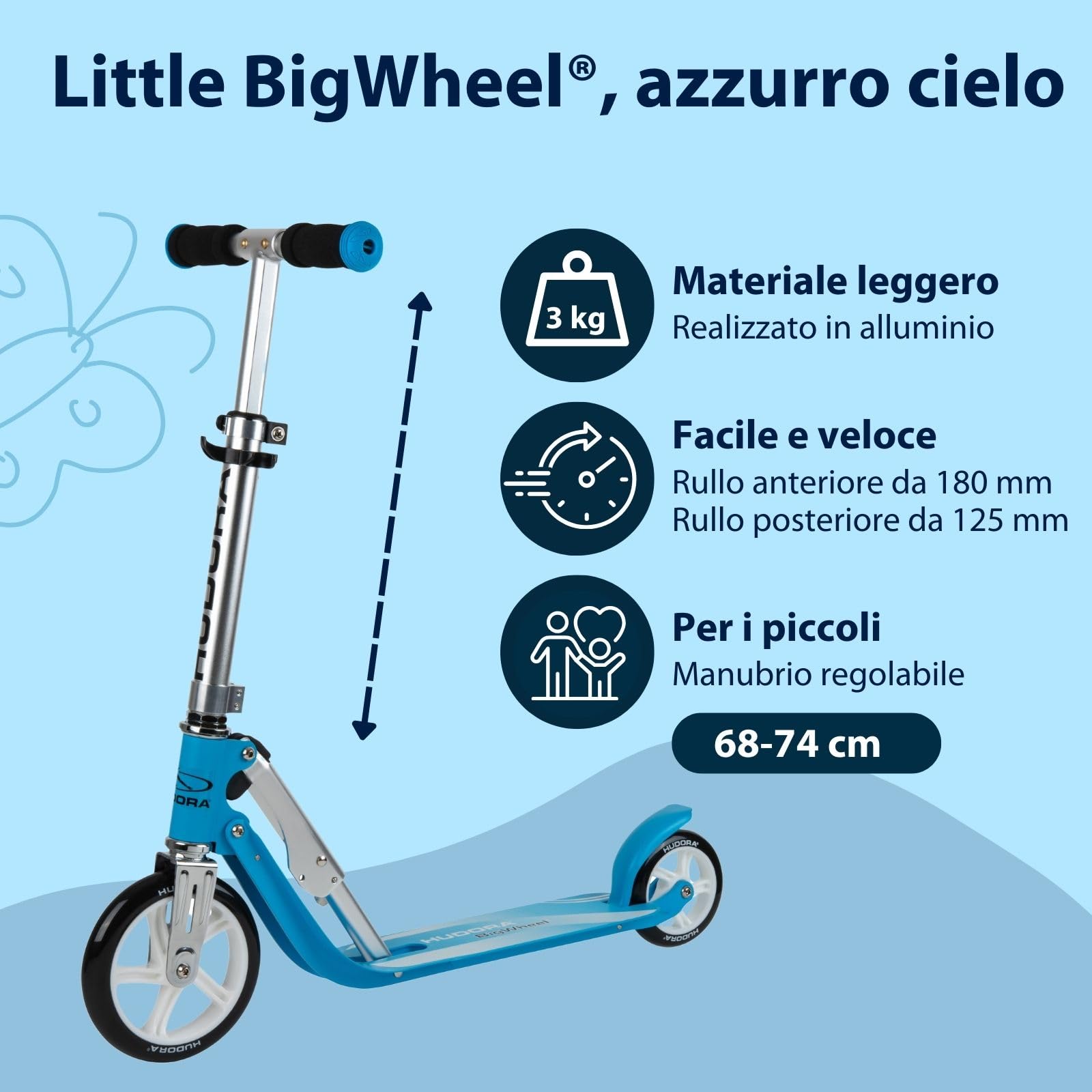 HUDORA Little BigWheel Scooter, monopattino sicuro in alluminio per bambini a partire da 3 anni, monopattino da città regolabile in altezza e pieghevole fino a 100 kg