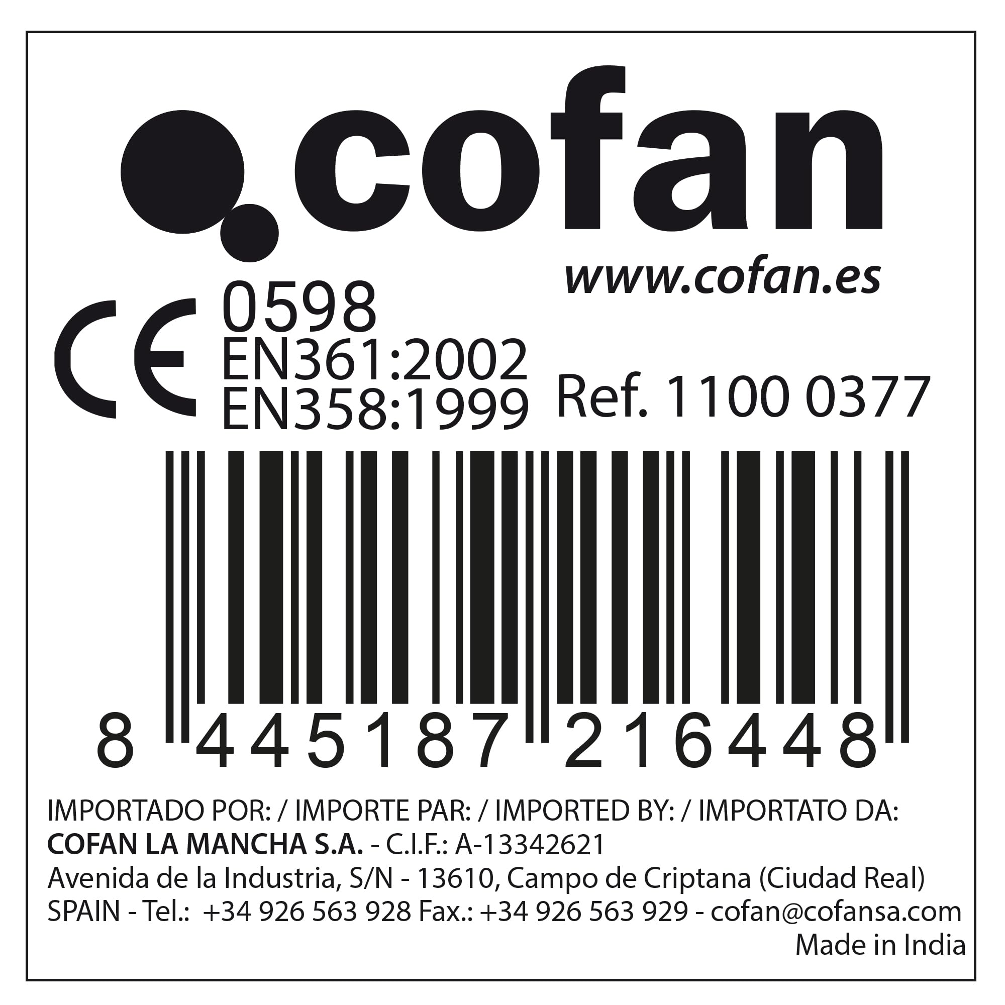 Cofan Arnés Anticaídas | Con Cinturón de Posicionamiento de Trabajo | 2 Puntos de Enganche | Talla Única Estándar