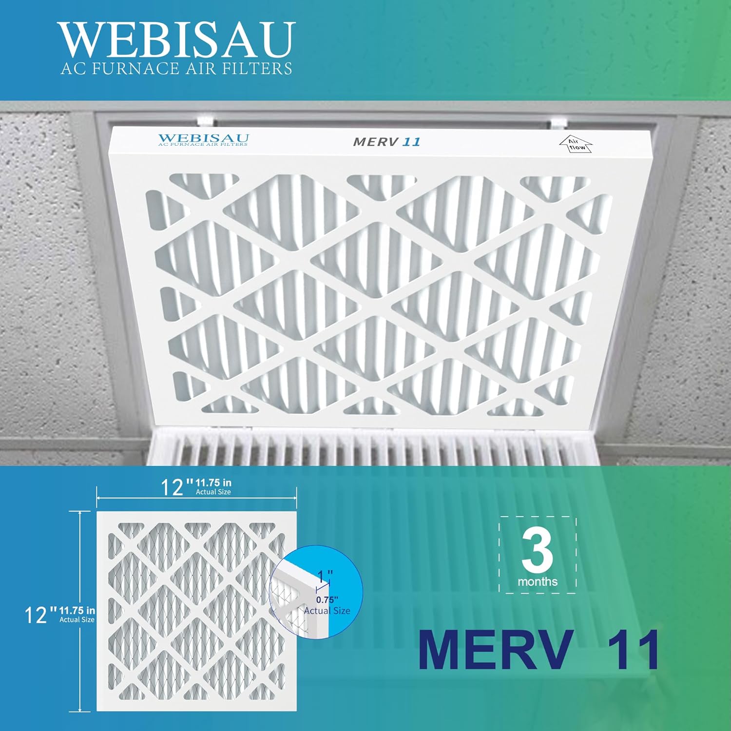 12x12x1 Air Filter MERV 11 MPR 1000 6Pack Pleated HVAC AC Furnace AC Filters,Air Conditioner Filters (Exact size: 11 3/4"x11 3/4"x 3/4")