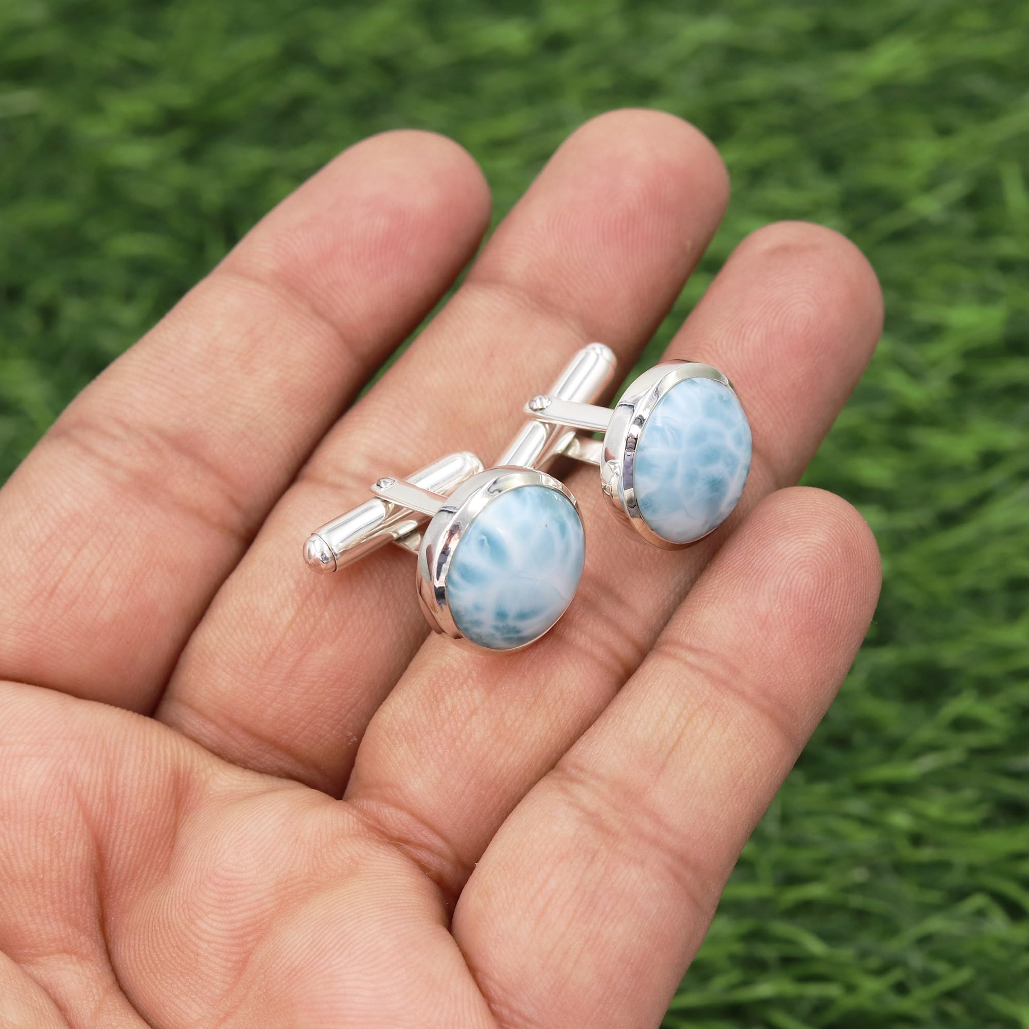 Larimar-Manschettenknöpfe, Schmuck für Männer, 925er Sterlingsilber, Manschettenknöpfe für den Bräutigam, einzigartiges Geschenk, Manschettenknöpfe aus natürlichem Edelstein