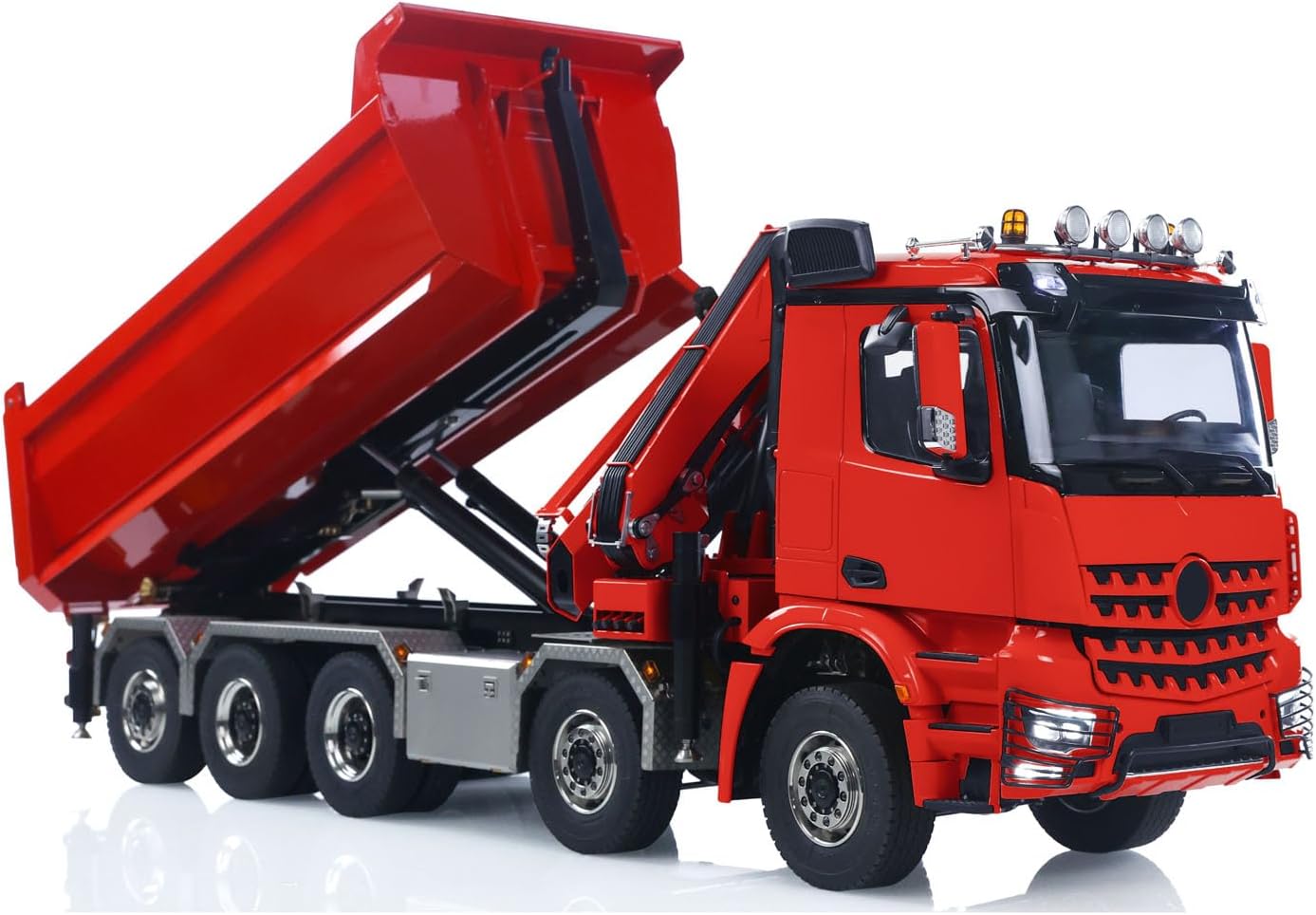 1/14 10x10 RC Hydraulic Crane Dumper Truck Full Dump Car Model 3-Speed Gearbox Light Sound Radio Controller for Adult Hobby(Red)