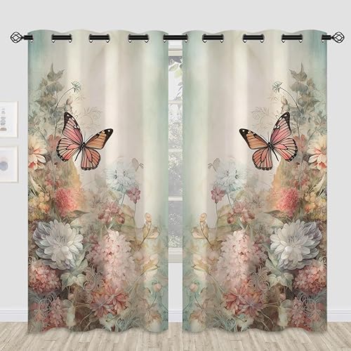 Miniatura 2 de Cortinas opacas de mariposa para decoración del hogar de niñas y niños, hermosas flores en acuarela, con ojales, aislamiento térmico, cortinas de