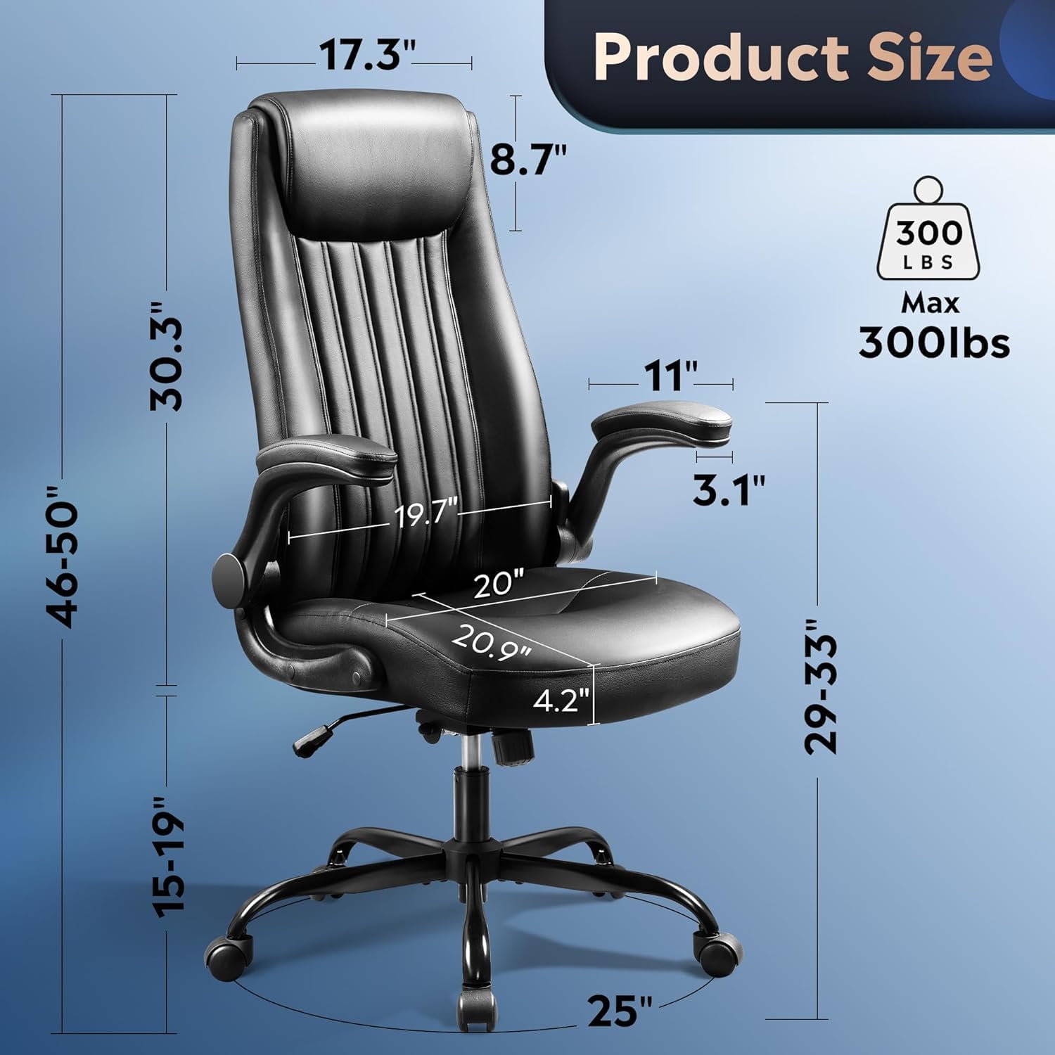 DEVAISE Executive Chair Computer Office Chair, High Back Ergonomic Desk Chair with Adjustable Flip-up Armrests, Lumbar Support and Thick Headrest, Black