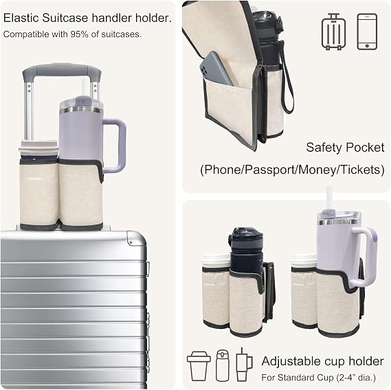 2 in 1 Luggage Cup Holder for Suitcase Airplane Drink Carrier Off-White | Airplane cup holder|Portable|for stanley cup|Hands Free|Coffee Beverage Organizer Gifts for Travelers