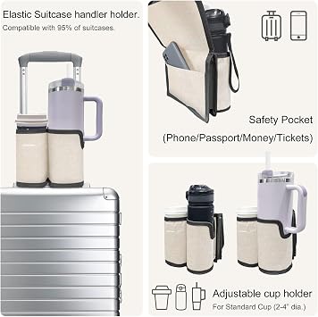 2 in 1 Luggage Cup Holder for Suitcase Airplane Drink Carrier Off-White | Airplane cup holder|Portable|for stanley cup|Hands Free|Coffee Beverage Organizer Gifts for Travelers