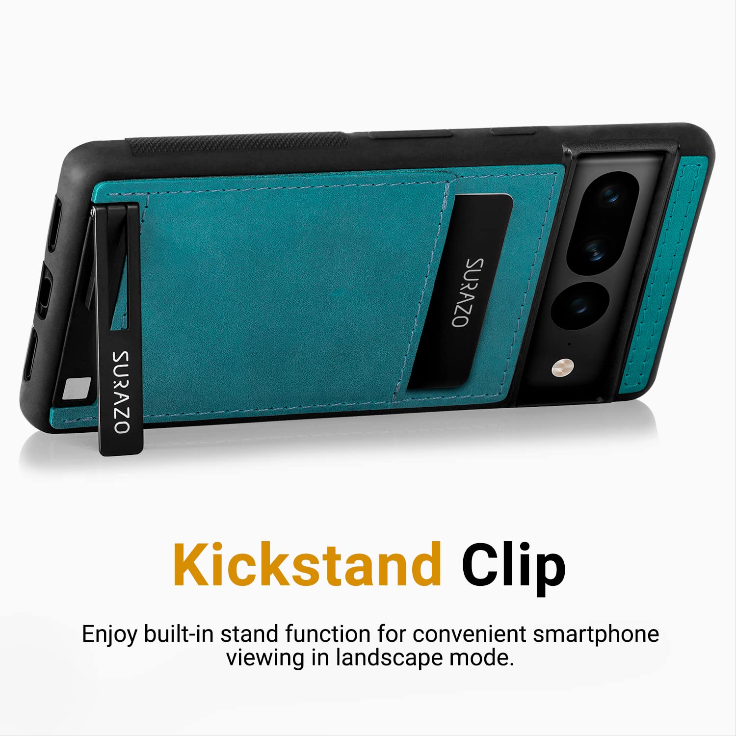 SURAZO Custodia posteriore in vera pelle per Google Pixel 7A, resistente agli urti, con scomparto per carte di credito, funzione leggio, portachiavi vintage slim bumper (turchese)