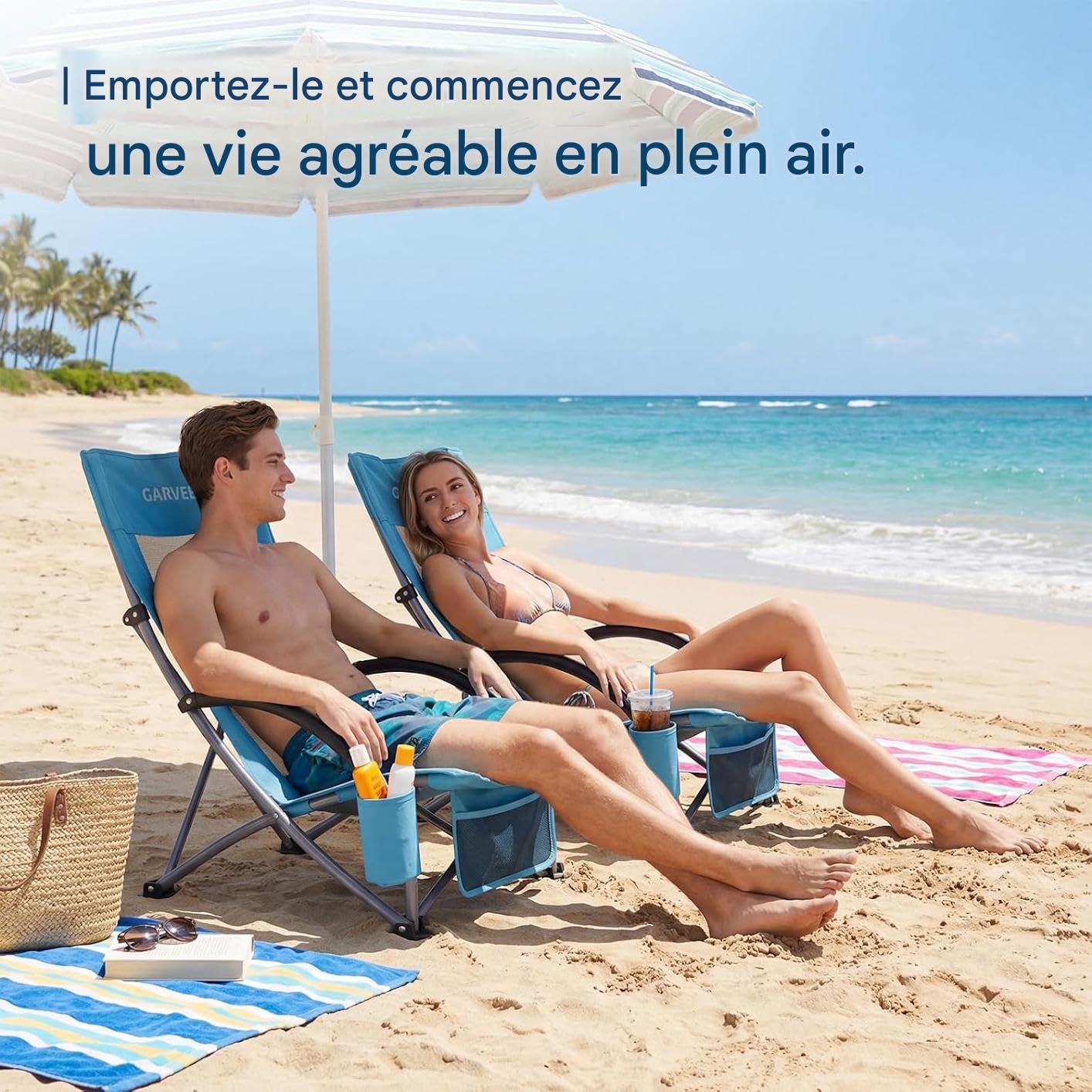 Garvee Chaise De Plage Pliante Robuste Et Légère, Chaise Plage Pliante Legere Inclinable, Sangles Sac à Dos, Poche Téléphone, Porte-Gobelet, Idéale pour Camping (Bleu, 2packs)