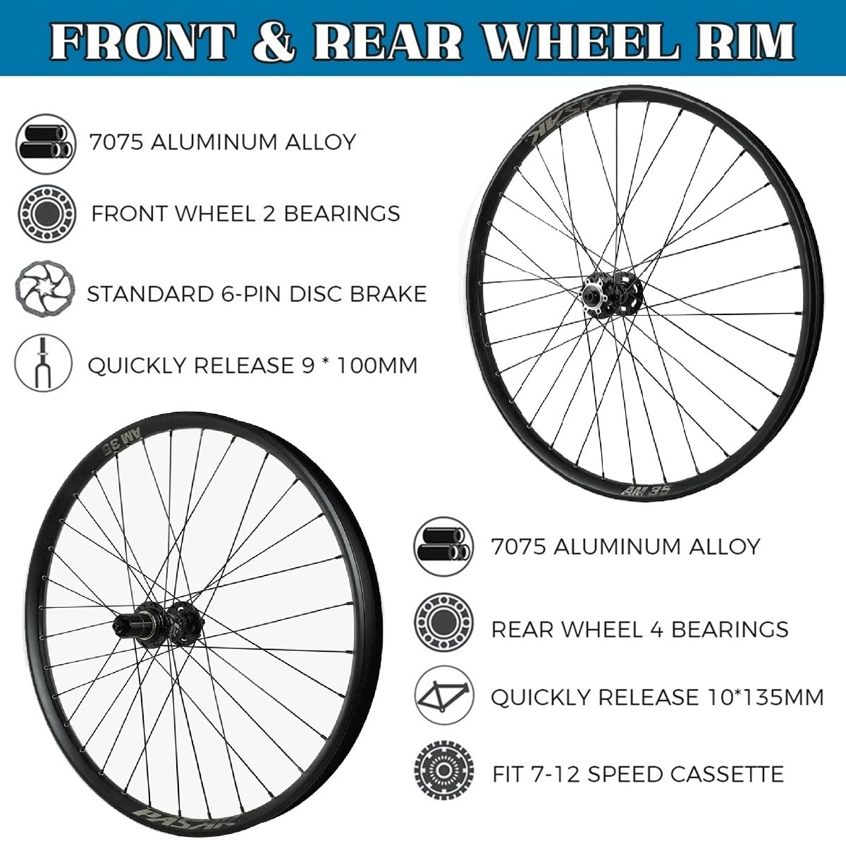 Zestaw kół do roweru górskiego 26/27,5/29 cala piasta ze stopu aluminium hamulec tarczowy AM MTB koła oś przelotowa 32 otwory pasują do kasety 7-12 prędkości